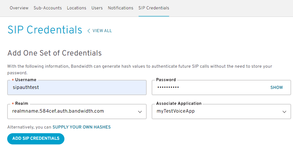 Create Sip Credentials Page